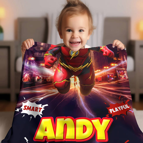 Personalized Baby Superhero Blanket – The Flash Style with Custom Name & Birthday
